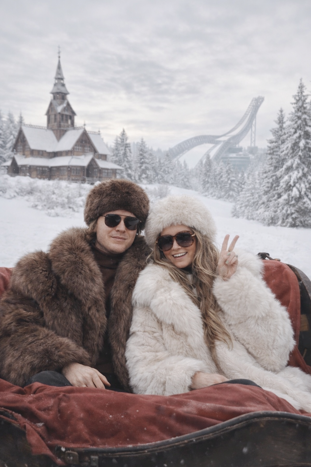 Knut og Rebecca i slede foran stavkirken på Holmenkollen